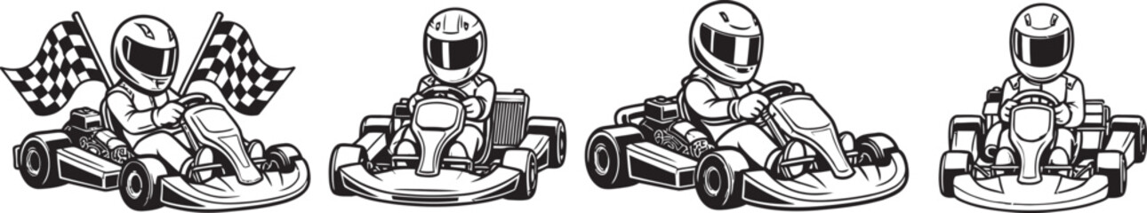 Fototapeta premium Set of four cartoon go-karts with drivers in helmets, racing flags visible