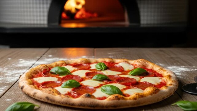 Pizza with basil leaves on wooden table in front of oven