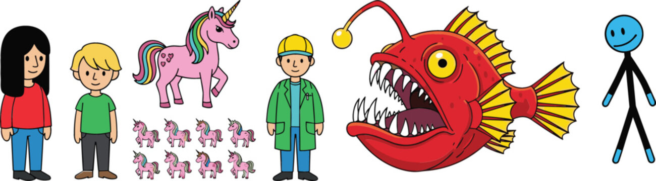 Cartoon kids, unicorns, construction worker and angler fish illustration set, fantasy, occupation and marine life themed vector collection design