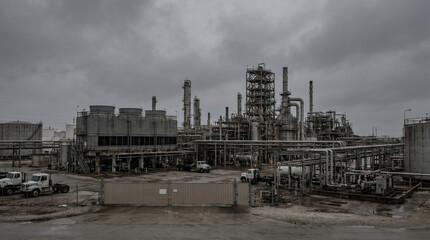 Fototapeta premium Oil refinery plant with low activity under cloudy sky energy crisis concept