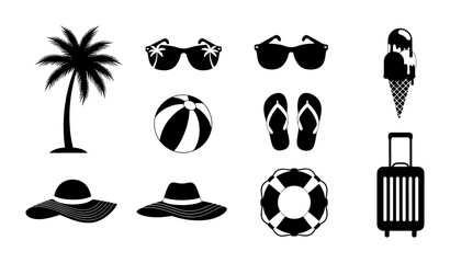 Fototapeta premium Summer Vacation Icons Set: Palm Tree, Sunglasses, Beach Ball, Flip Flops, Ice Cream, Sun Hats, Lifebuoy, Suitcase, Vector Graphics for Travel and Leisure