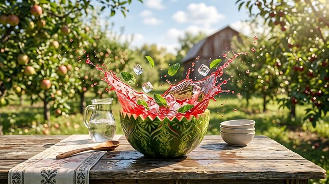 Sajian Segar Semangka Berhias Es dan Daun Mint di Tengah Kebun Buah Saat Siang Hari