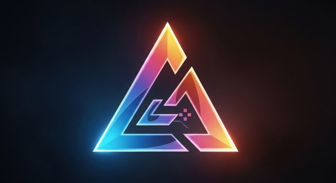 Neon 3D logo triangle with glowing gradient light effects on dark background