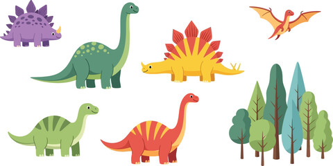 Colorful cartoon dinosaurs and trees on white background © Jahangir