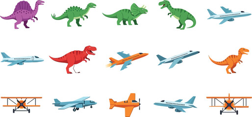 Colorful collection of cartoon dinosaurs and airplanes flying in a flat design vector illustration © Jahangir