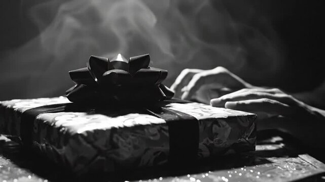 Black and white close up of a wrapped gift with a dark bow, and hands nearby, with a background of swirling smoke, anticipation