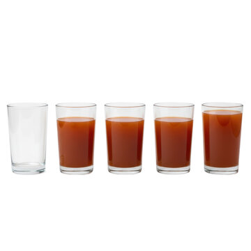 Five identical crystal highball glasses with orange juice, showing graduated fill levels in a row on a white background with copy space, concept of linear growth and progress