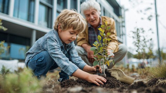 A young boy and his grandfather work together planting a small tree in the soil outdoors with a building in the background