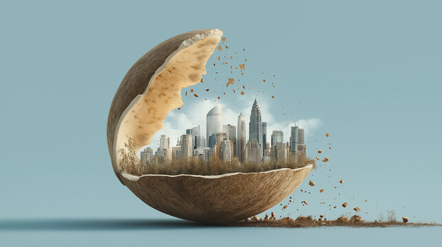 A large cracked sphere, resembling a rustic eggshell, opens to expose a thriving cityscape and a small green tree on a clean light blue background.