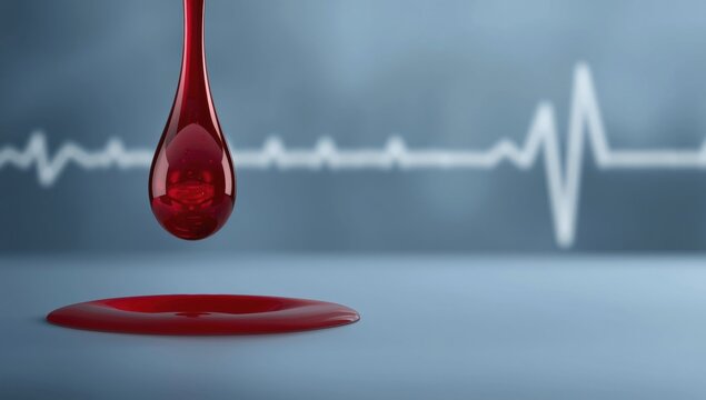 A single red drop falling onto a surface with a blurred heartbeat line monitor in the background, for medical care