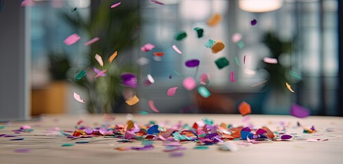 Obraz premium Colorful confetti fills the air and scatters across a wooden surface, creating a festive and celebratory atmosphere with a blurred background.
