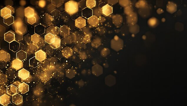 A captivating abstract image showcases a dynamic arrangement of golden hexagons and shimmering particles against a dark background, creating a sense of technological innovation and futuristic design.