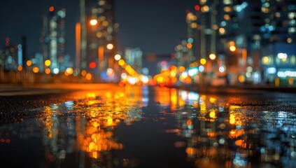 Fototapeta premium Vibrant Cityscape at Night with Wet Reflections.