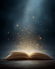 An old opened book glowing with magical golden light and shimmering particles emanating upwards into a dark, mysterious space. © iconic