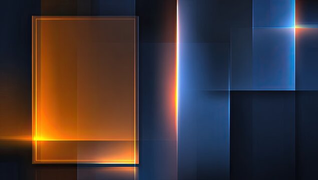 A vibrant abstract composition features glowing orange and blue rectangular forms arranged in a grid-like pattern, creating a dynamic and modern visual experience.