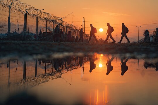 Silhouetted figures walk towards a setting sun, their reflections mirrored in the water, with a barbed wire fence and distant structures creating a poignant and evocative scene.