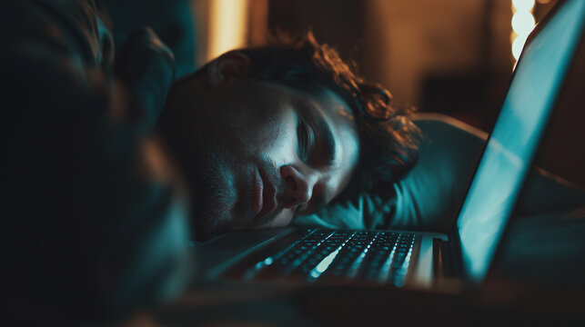 An exhausted person with dark hair is fast asleep, face down on a laptop keyboard in a dimly lit room.