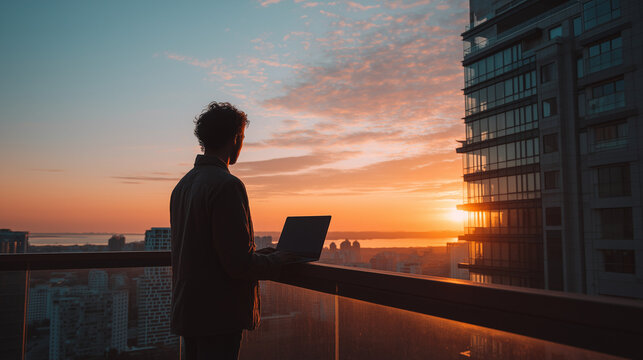 A man with curly hair stands on a balcony with a laptop, watching the sun rise over the city.