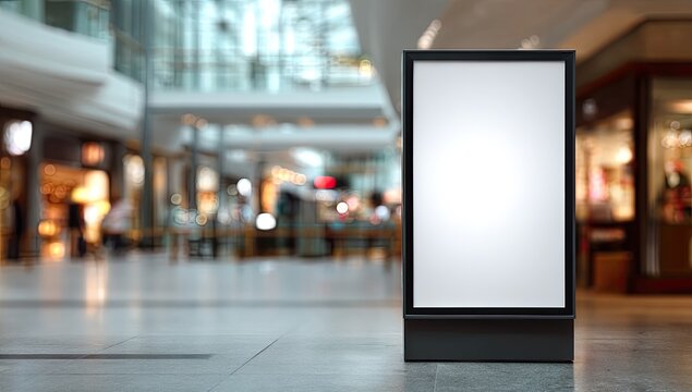 A blank advertising kiosk stands prominently in a blurred, modern shopping mall environment, inviting creative content and promotional opportunities.
