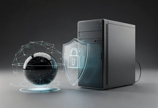 Advanced cybersecurity visualization of a computer with integrated protection shield, secure data sphere, and digital lock symbolizing enhanced data security and technological evolution