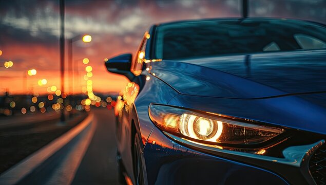A sleek, dark car drives along a road illuminated by city lights at dusk.