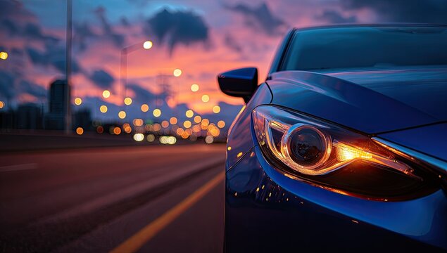 A sleek, dark blue car drives along a highway at dusk, illuminated by its headlights and the city lights in the background.