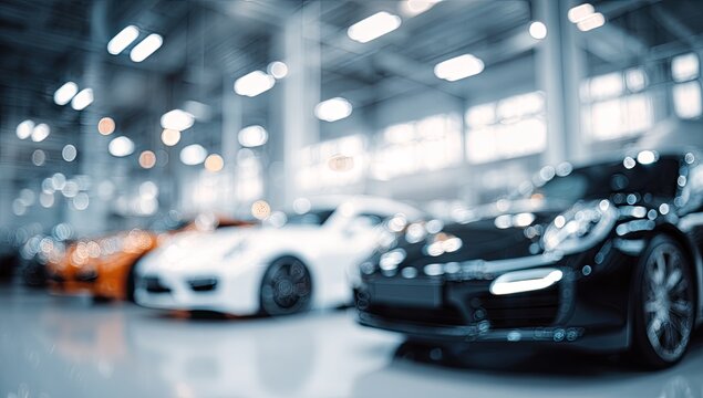 Luxury Sports Cars Lined Up In Showroom Ready For Sale.
