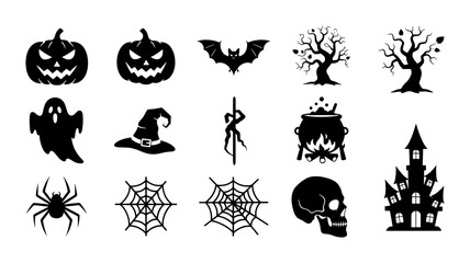 Fototapeta premium Halloween Icons Set, Spooky Vector Graphics Collection: Pumpkins, Bats, Ghosts, Witch Hat, Spiderweb, Skull, Haunted House, Cauldron, Silhouette Elements for Festive Design