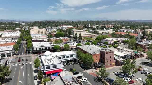 Fullerton, California, USA - Aerial View of Downtown Harbor Blvd With Bars and Restaurants on a Busy Street
