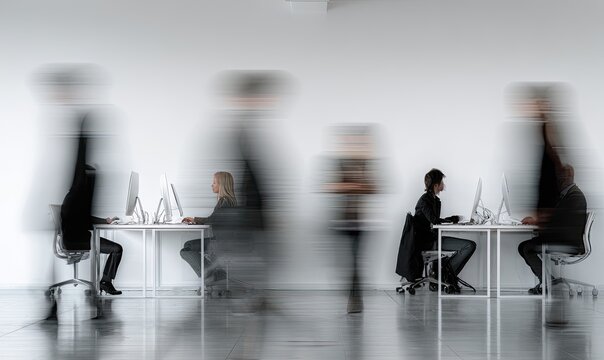 A blurred motion image depicts several individuals working at desks in a modern office setting, conveying a sense of activity and productivity.