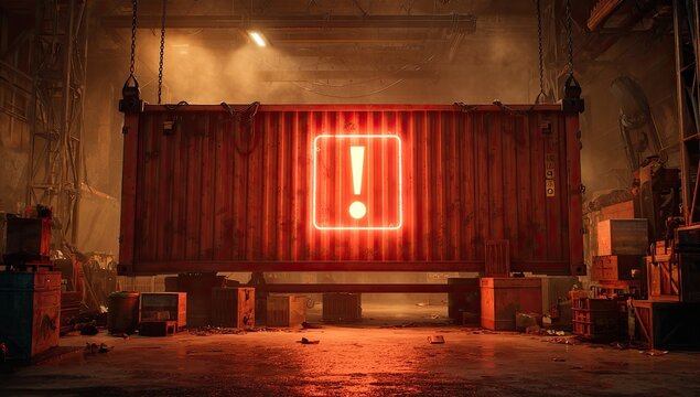A dramatic, dimly lit industrial scene features a suspended shipping container with a glowing red exclamation point, evoking a sense of warning and mystery within a cluttered warehouse setting.