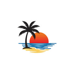 Obraz premium Silhouette of a Palm Tree on a Tropical Beach at Sunset.
