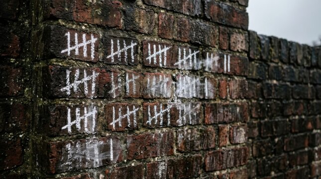 Brick Wall with White Marks - A Visual Representation of Time and Counting.