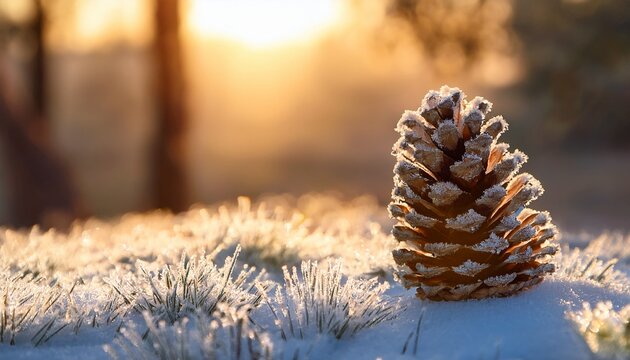 Peaceful Morning Sunlight On Frosty Pinecone Symbolizing New Beginning
