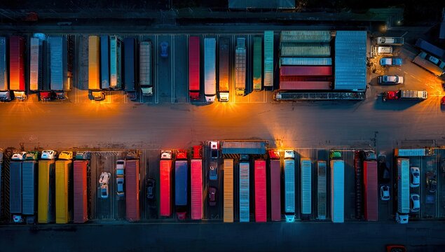 An aerial view showcases a vast expanse of brightly lit shipping containers arranged in neat rows at a logistics hub, creating a striking pattern of color and light.