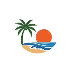 Obraz premium Tropical Island Sunset Beach Palm Tree Ocean Waves Logo.