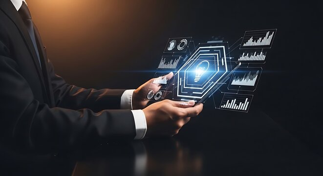 Businessman interacting with a futuristic holographic interface displaying data charts and a glowing idea lightbulb for innovation and technology concepts.