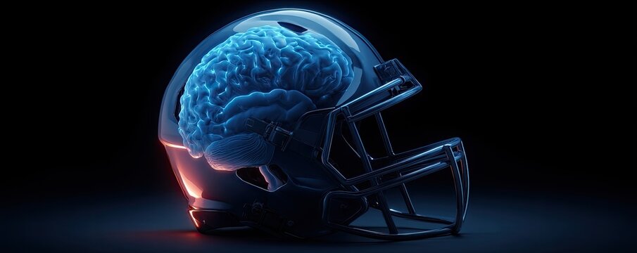A striking visual representation depicts a glowing brain encased within a futuristic American football helmet, symbolizing the intersection of sports, intellect, and potential head trauma.