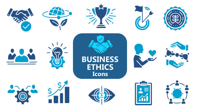 Business ethics solid editable icon set.  Corporate governance, compliance, moral values, transparency, accountability, code of conduct, trust, and ethical leadership symbols. Vector illustration