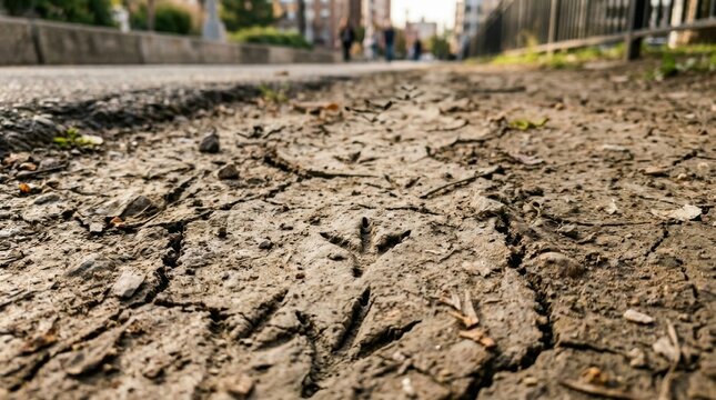 Close-up of bird footprint on cracked earth surface.