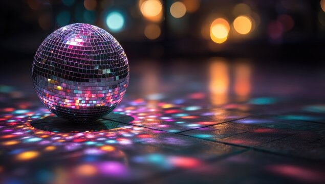 Disco Ball Reflecting Colorful Lights on Dance Floor.