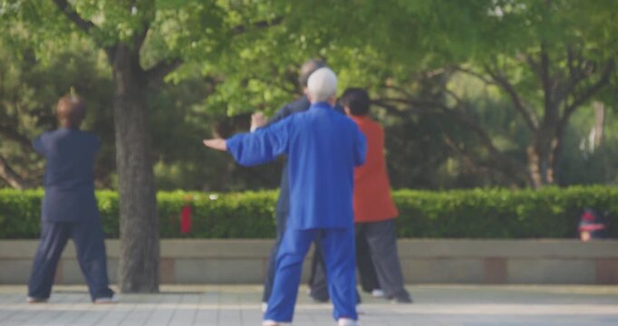 Chinese seniors practice Tai Chi in an outdoor park.