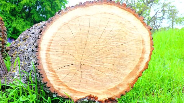 Large cut log cross section showing rings in green meadow
