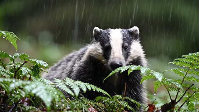 European badger sitting among lush ferns in rainy forest