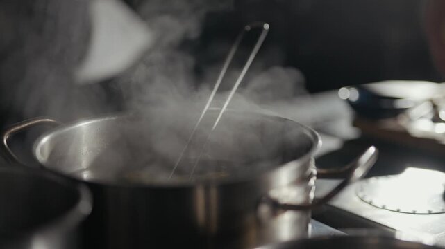 Steam rises from a boiling pot. Hand stirs contents with a ladle. Dutch oven sits on a stovetop. Cooking scene suggests warmth and care. Perfect for food or lifestyle media