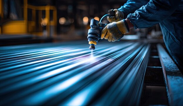 A worker operates a plasma cutter on a bed of steel beams in a dimly lit industrial setting, showcasing precision and the manufacturing process.