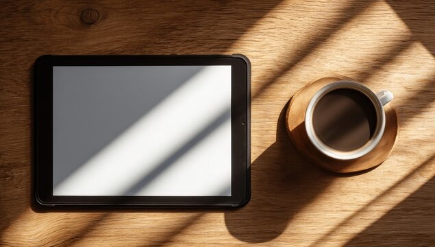 Ebook Reader and Coffee Cup on Wooden Table with Sunlight Shadows.