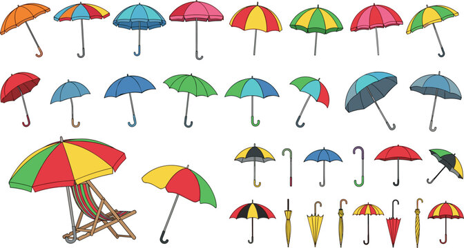 Colorful umbrella vector illustration set with rain umbrellas and beach parasols, various styles and designs collection isolated on white background