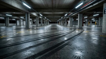 Fototapeta premium Empty underground parking garage with concrete pillars and fluorescent lights.