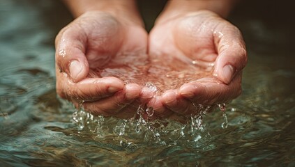 Fototapeta premium Close-up of Hands Cupping Clean Water in a Natural Setting.